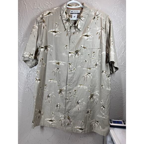 Columbia Shirt Mens Beige Tan Casual Button Up Outdoors Palm Trees Size Large - Picture 1 of 6
